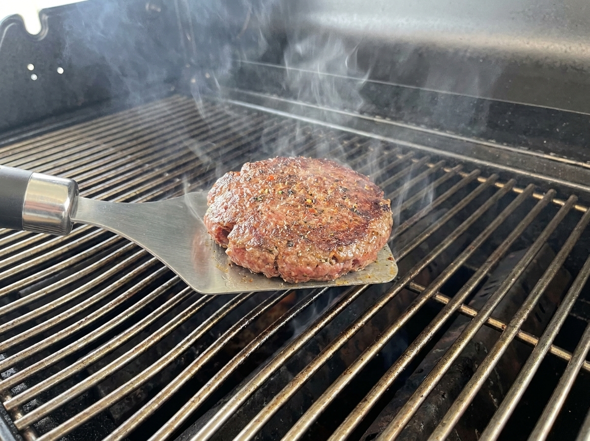 Ein dickes, gebräuntes Rinder-Patty wird auf dem Grill gewendet.