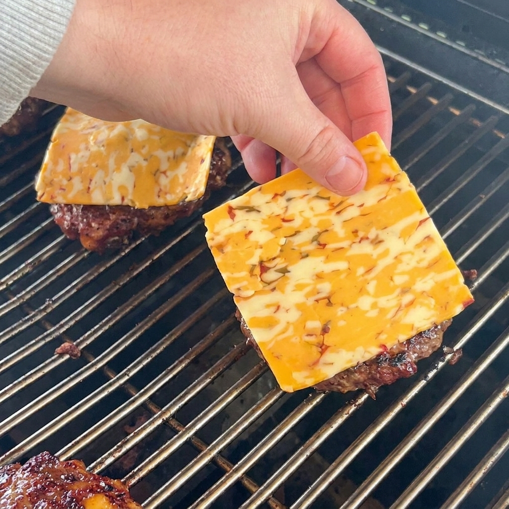 Eine Scheibe marmorierter Cheddar-Käse wird auf ein heißes Rinder-Patty gelegt.