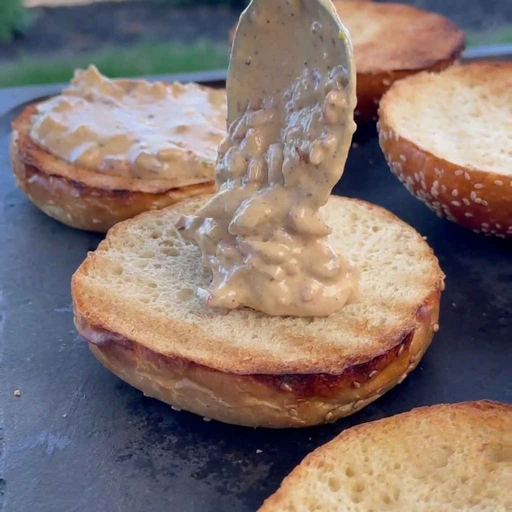 Cremige Speck-Sauce wird auf ein geröstetes Burgerbrötchen gestrichen.