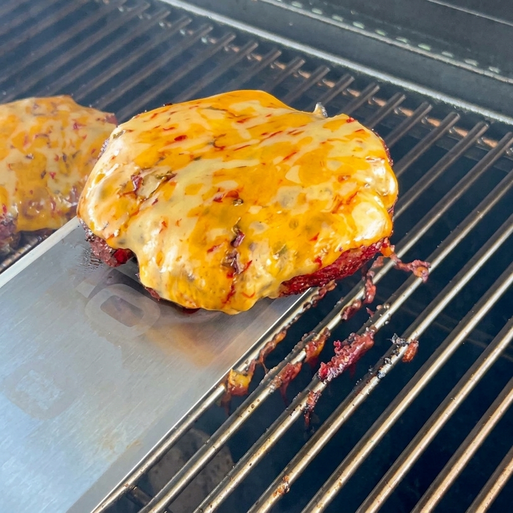 Ein gegartes Rinder-Patty mit geschmolzenem Käse wird mit einem Spatel auf ein Brötchen gelegt.
