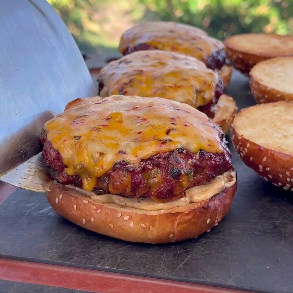 Ein zusätzlicher Klecks Sauce wird auf die Oberseite des mit Käse überzogenen Burgers gegeben.