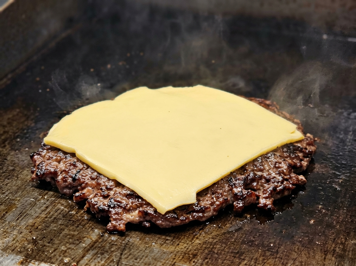 Eine Käsescheibe beginnt auf einem braunen, knusprigen Rindfleisch-Patty zu schmelzen.