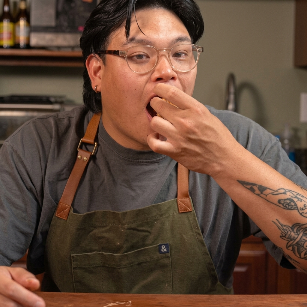 Ein Metallspatel drückt ein Rindfleisch-Patty flach in die Pfanne.