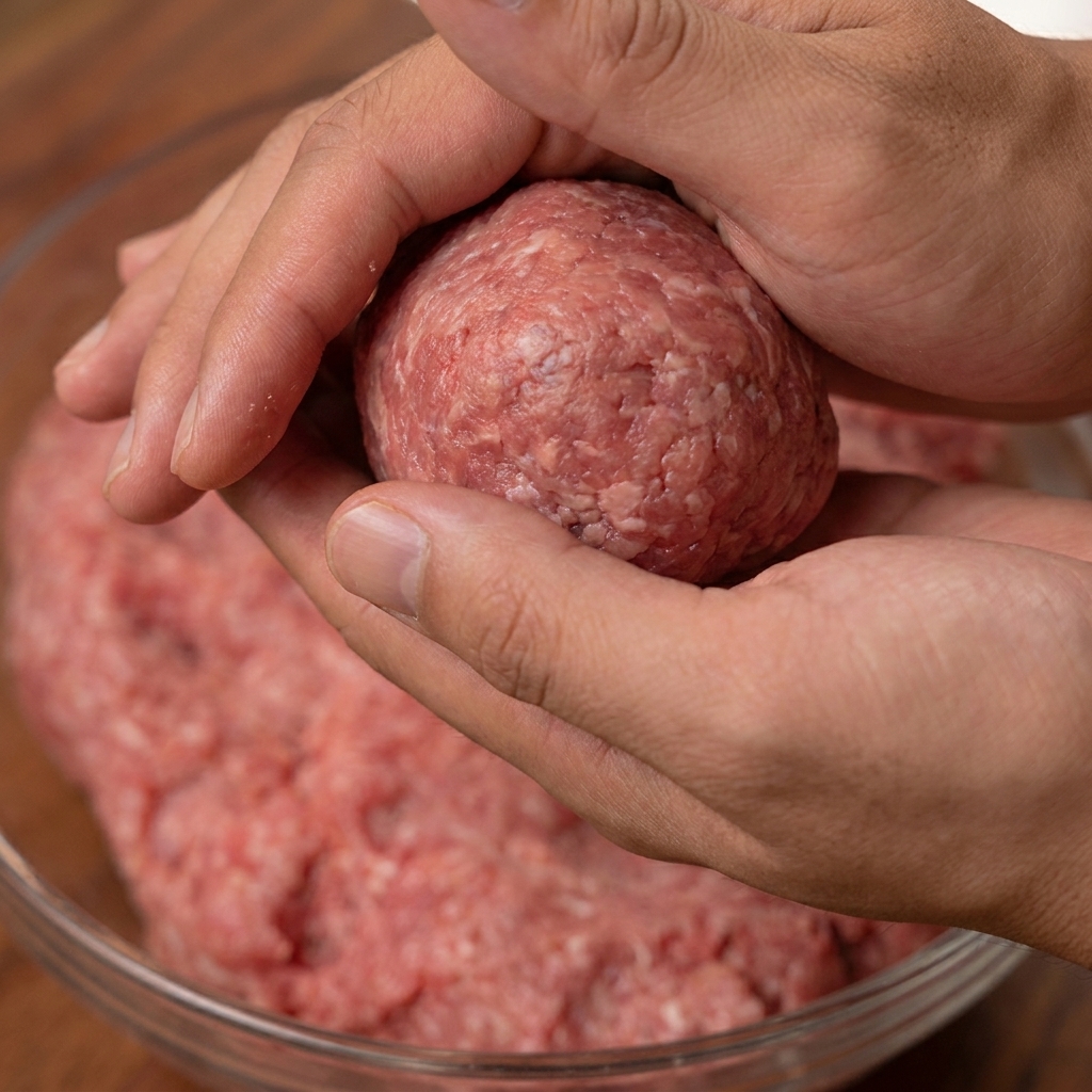 Gewürze werden aus einem Streuer auf ein rohes, flachgedrücktes Rindfleisch-Patty gestreut.