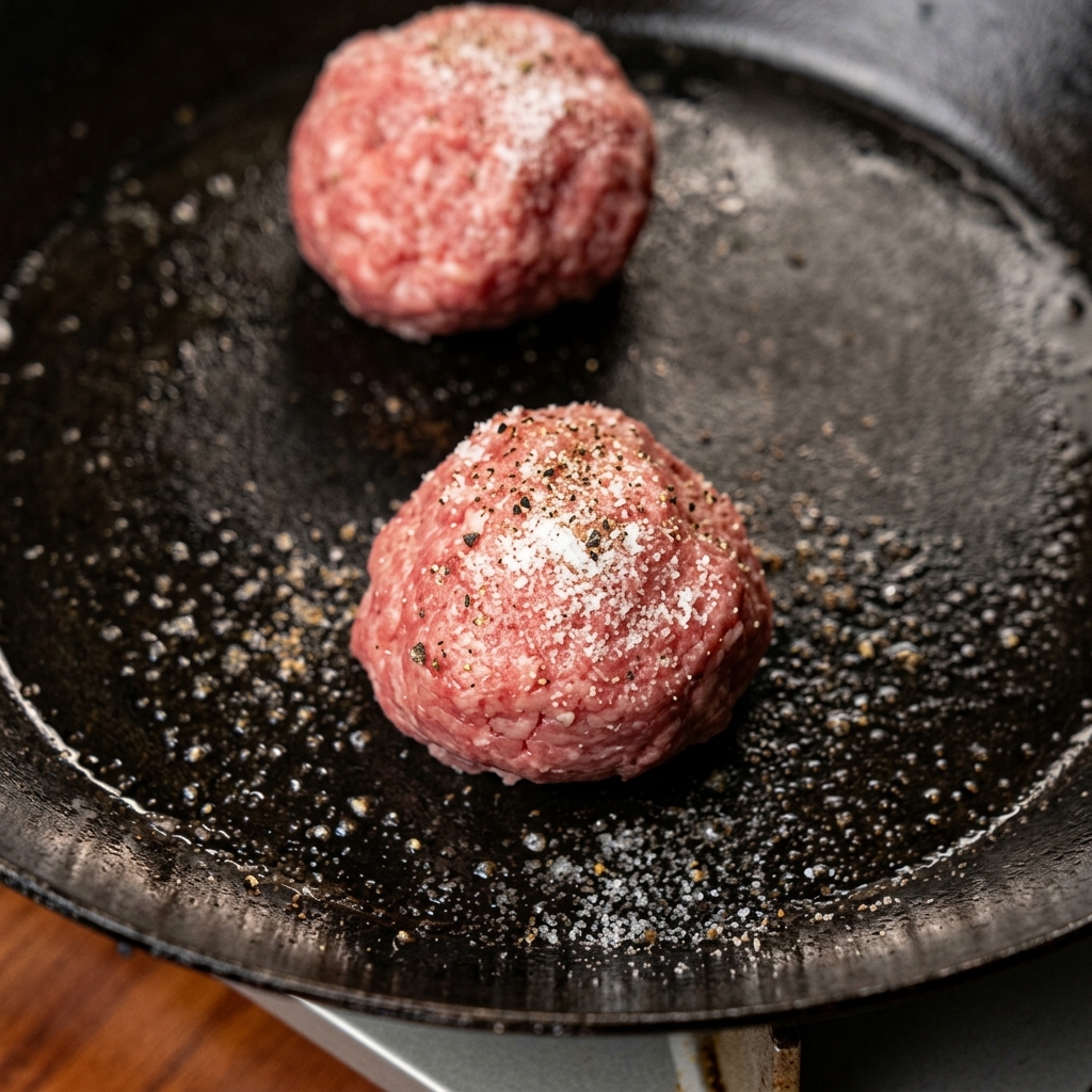 Burger Buns werden in einer Pfanne geröstet.