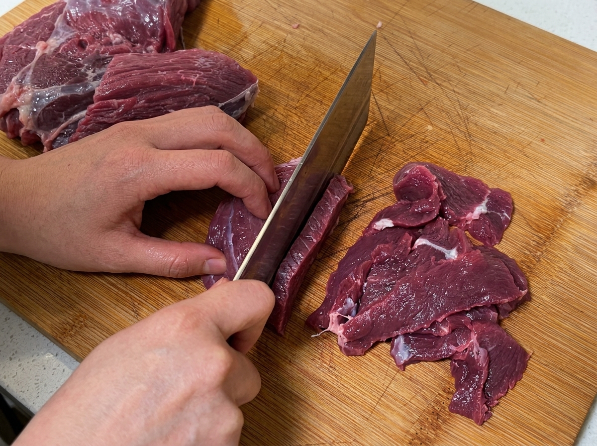 Hände schneiden ein großes Stück frisches Rindfleisch mit einem Hackbeil auf einem Holzbrett in kleine Streifen.