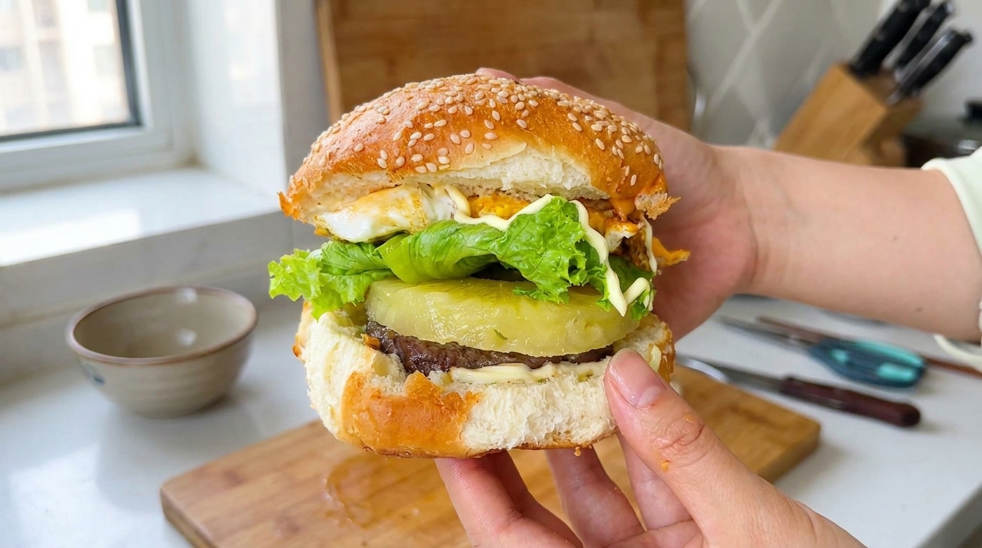 Ultimativer hausgemachter Rindfleisch-Ei-Ananas-Burger
