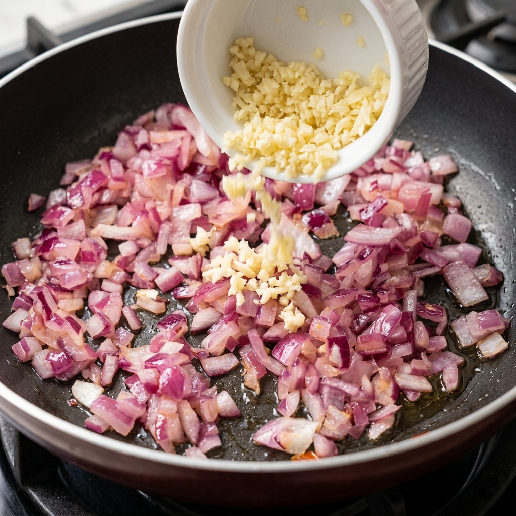 Frisch gehackter Knoblauch, der in die Pfanne zu den Zwiebeln gegeben wird.