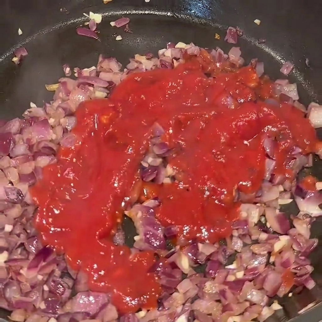 Tomatenpüree wird in die Pfanne zu den Zwiebeln und dem Knoblauch gegossen.