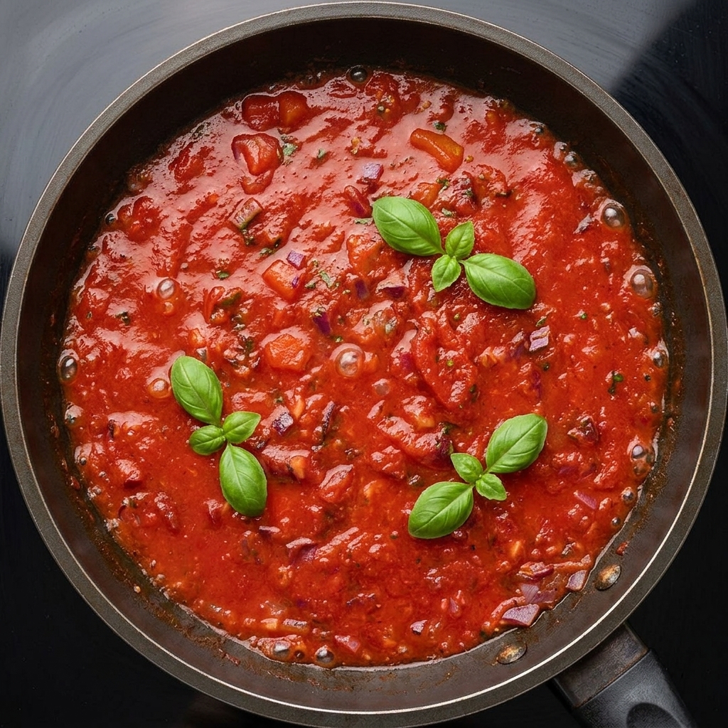 Zucker und italienische Kräuter werden in die köchelnde Tomatensauce gestreut.