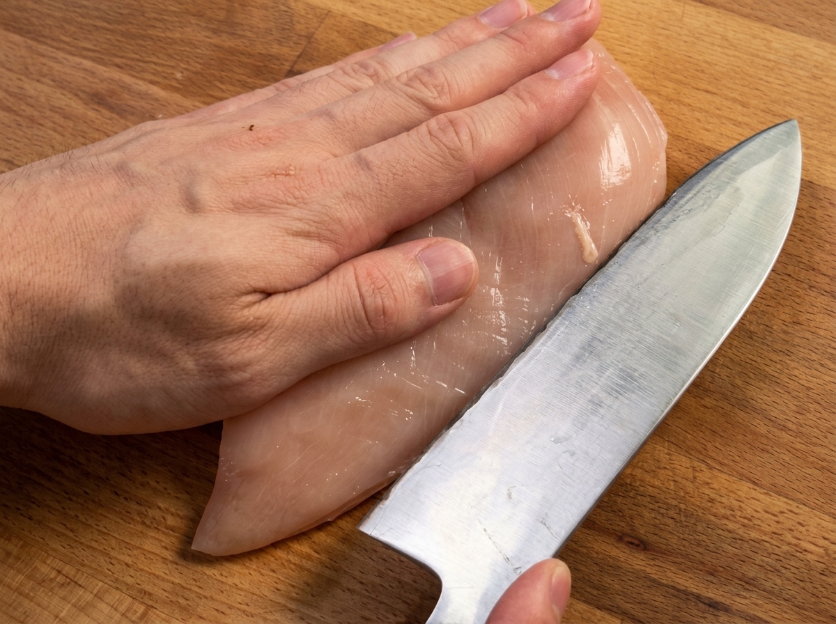 Eine Hand hält ein Kochmesser bereit, um eine rohe Hähnchenbrust waagerecht auf einem Holzbrett zu teilen.