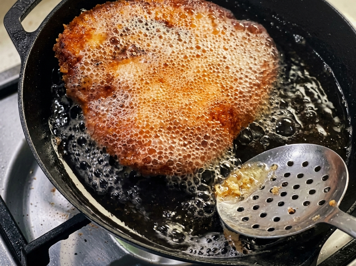 Ein Löffel gießt heißes Öl über das braun werdende Hähnchenfilet in der Pfanne.