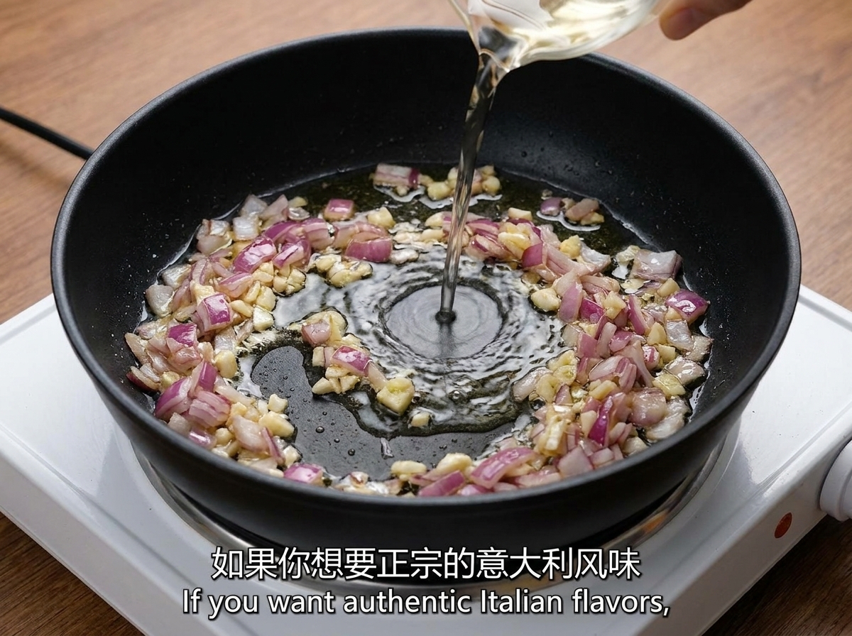 Hühnerbrühe wird aus einem Messbecher in eine Pfanne mit Zwiebeln und Knoblauch gegossen.