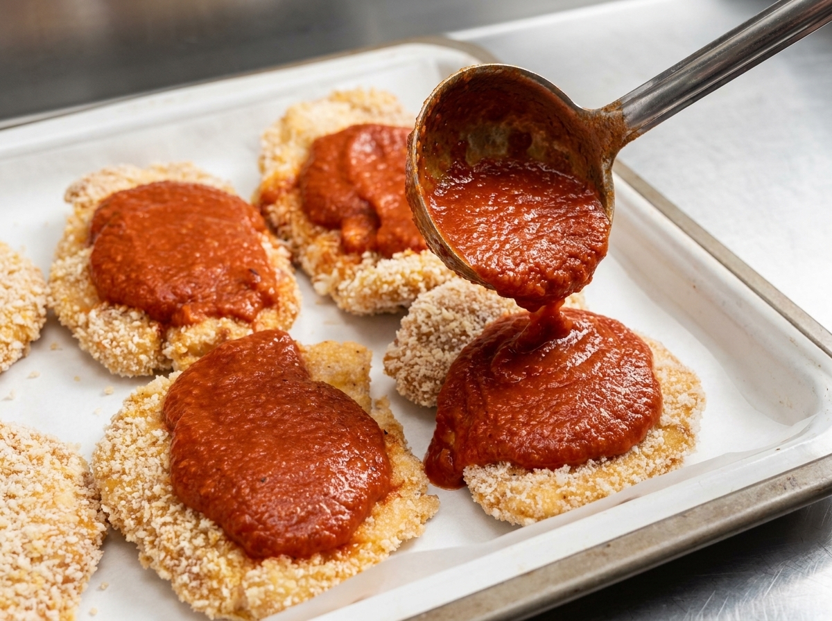Tomatensauce wird auf die panierten Hähnchenbrustfilets auf einem Backblech verteilt.