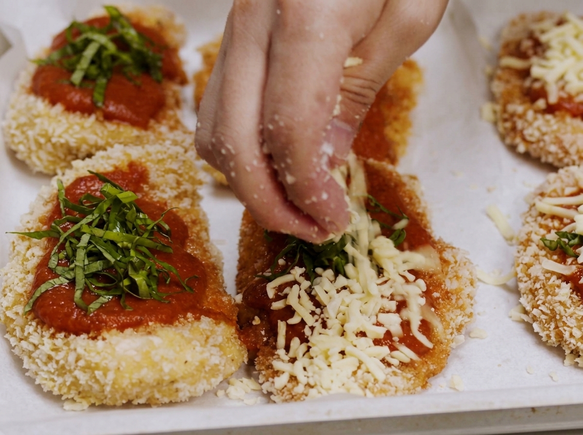 Mozzarella und Basilikum werden auf dem Fleisch verteilt.