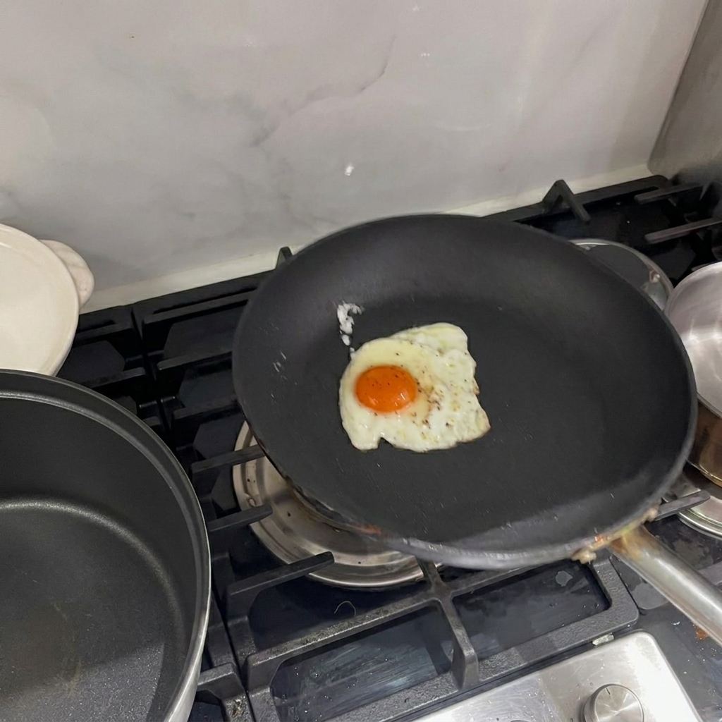 Ein frisches Spiegelei gart in einer kleinen Pfanne.