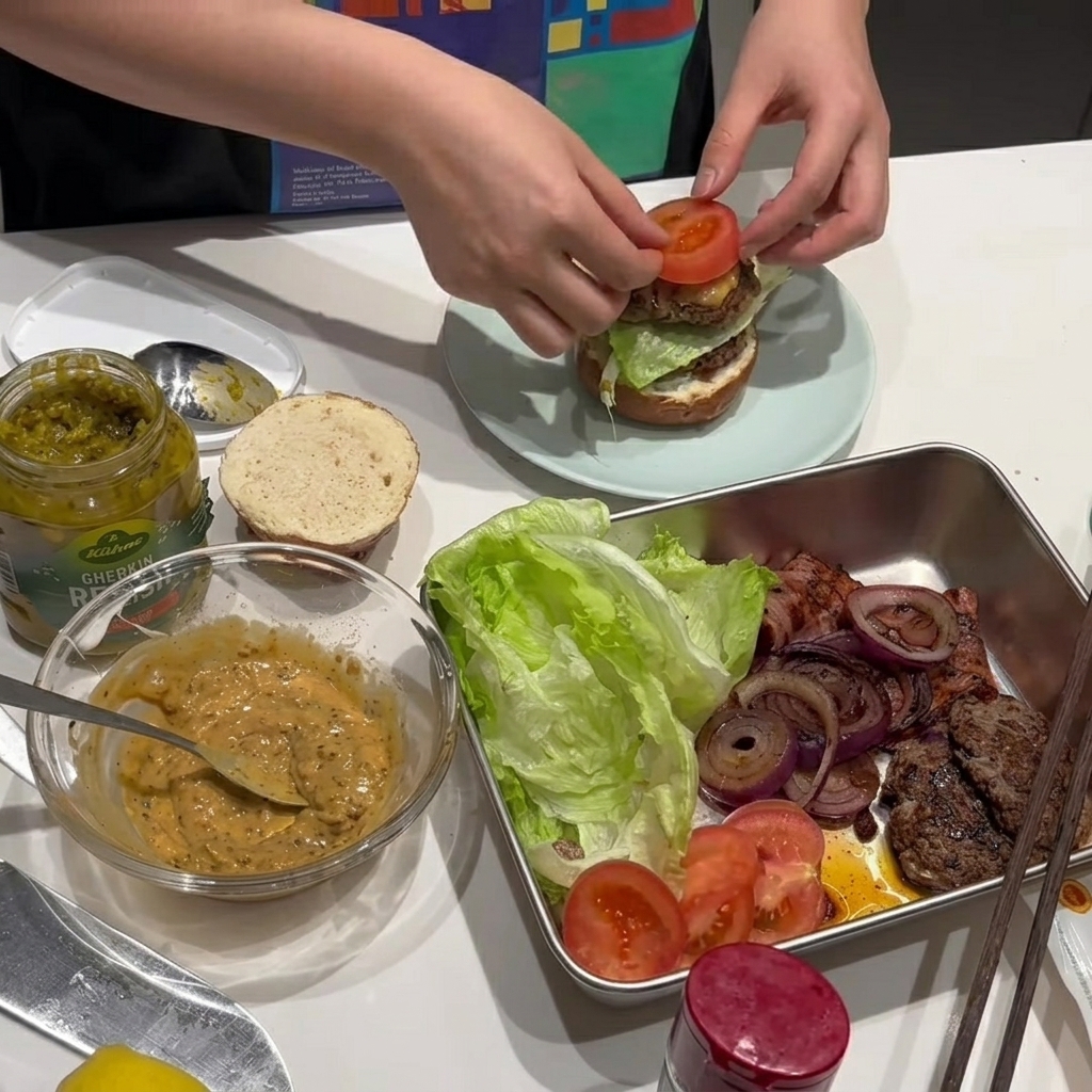 Eine saftige Tomatenscheibe wird auf den Burger gelegt.