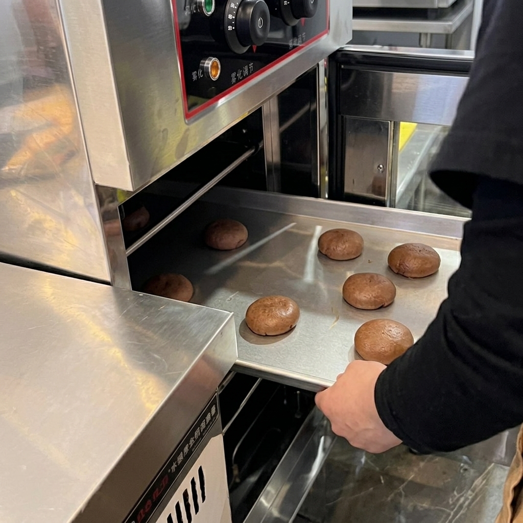 Backblech mit geformten Burgerbrötchen wird in einen industriellen Gärschrank geschoben.