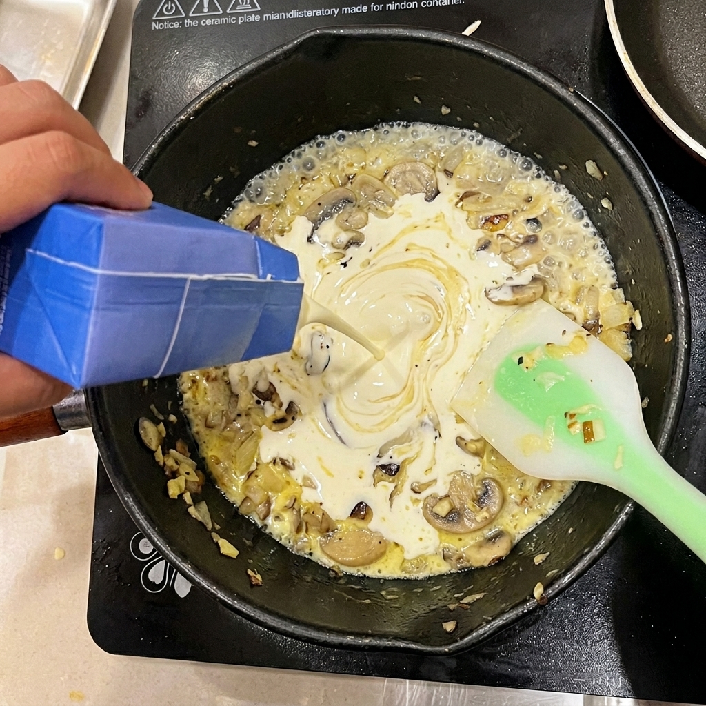 Sahne wird in eine Pfanne mit sautierten Pilzen und Zwiebeln gegossen.