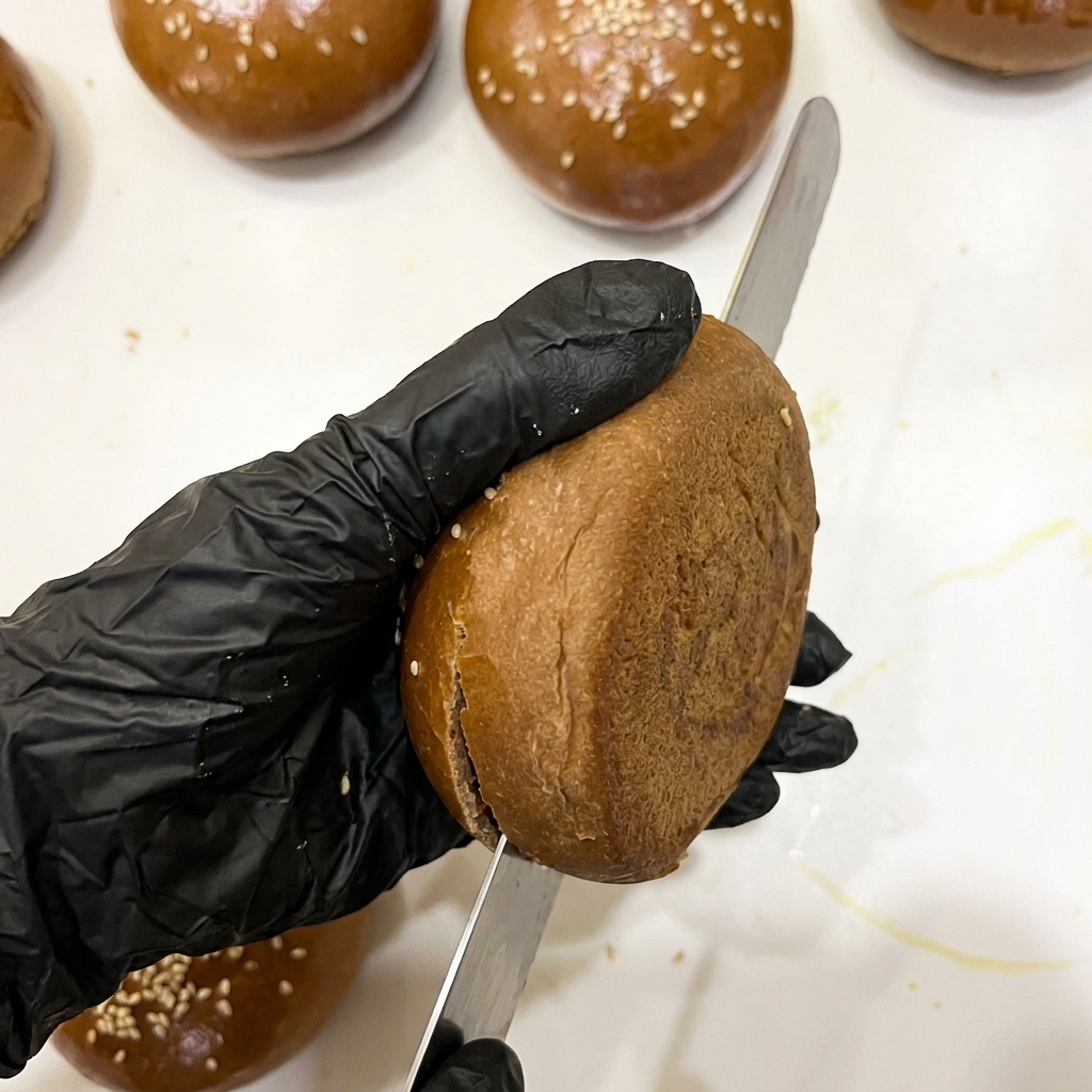 Frisch gebackenes Kakaoburgerbrötchen wird mit einem Wellenschliffmesser horizontal halbiert.