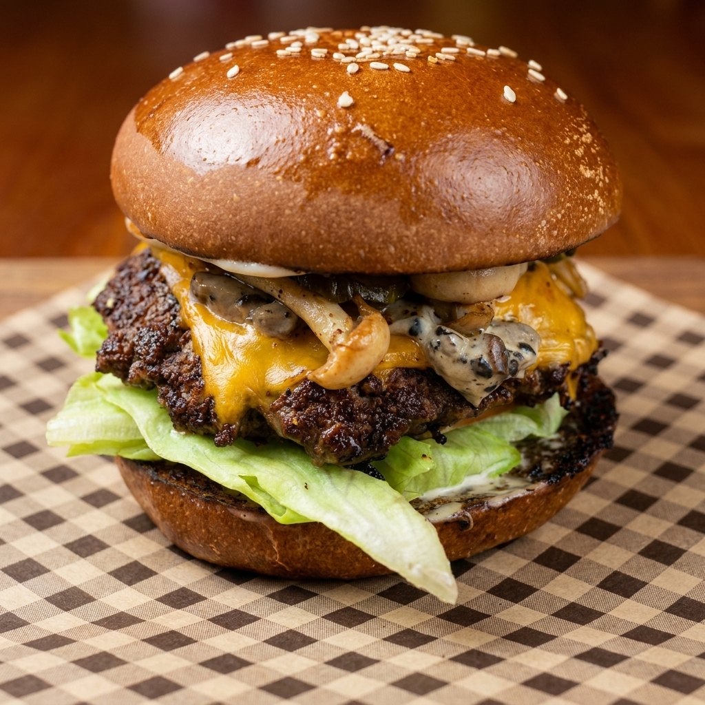 Ein fertig zusammengebauter Trüffel-Pilz-Burger zeigt deutliche Schichten aus Salat, Tomate, mit Käse überzogenem Fleisch und Pilzen.