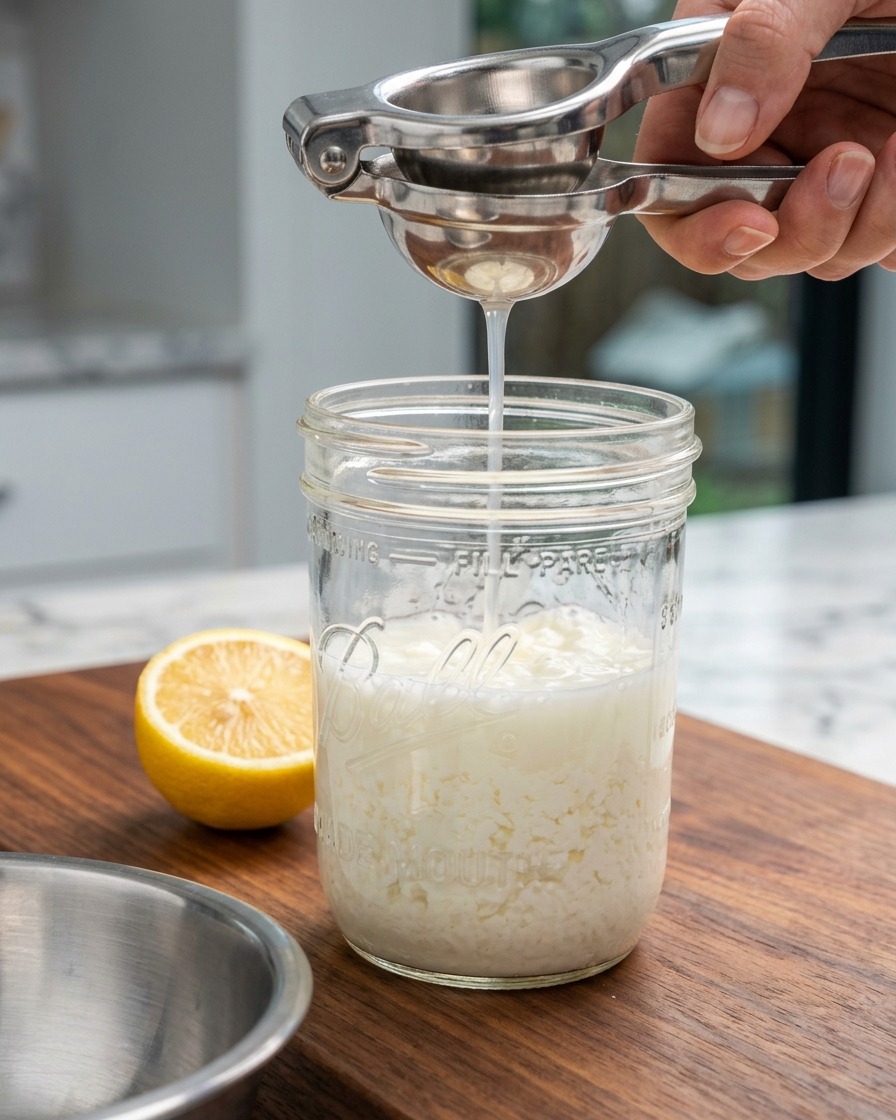 Zitronensaft wird aus einer Zitruspresse in ein Glas mit Magermilch gepresst.
