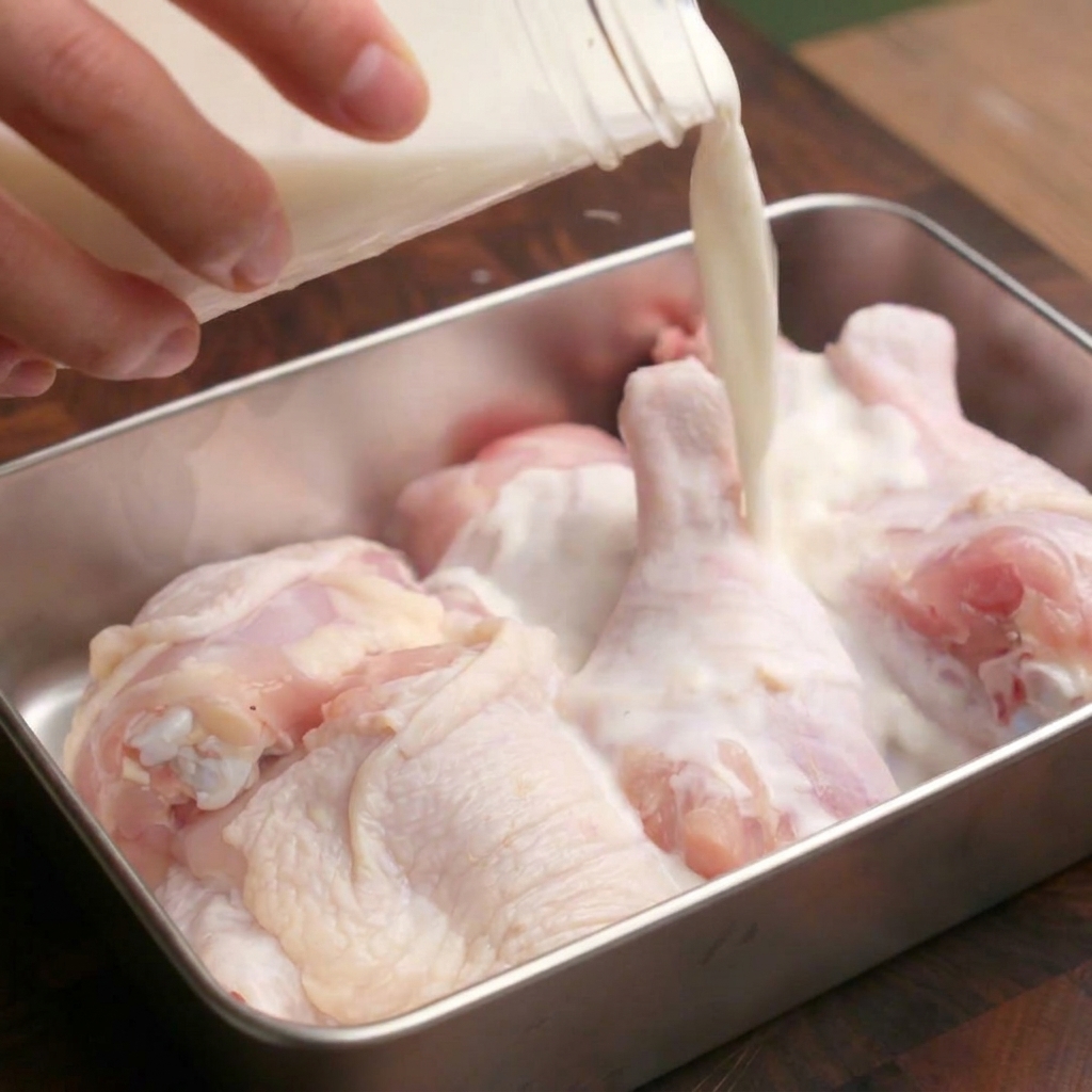 Milchmarinade wird aus einem Glas über rohe Hähnchenkeulen in einer Edelstahlschale gegossen.