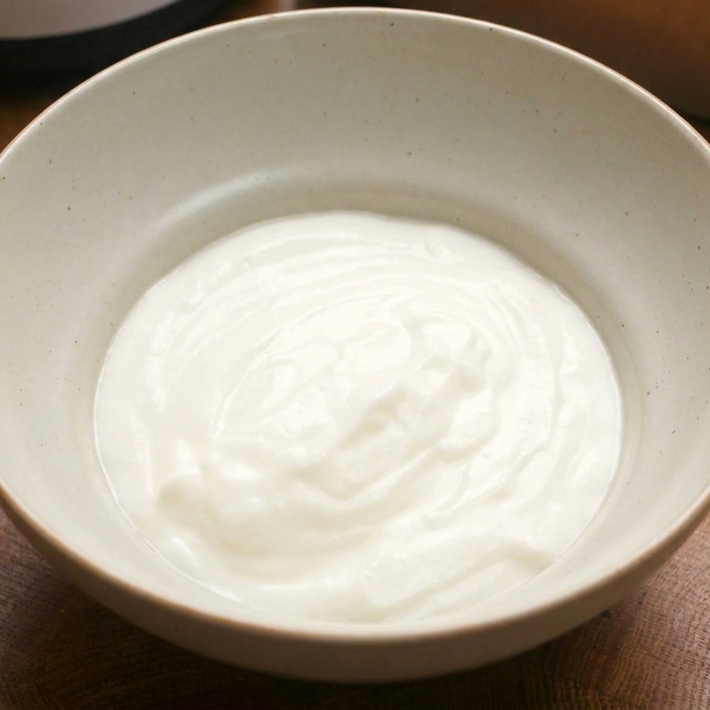 Ein Löffel dicker Naturjoghurt wird in eine Schüssel mit geriebenen Zwiebeln gegeben.
