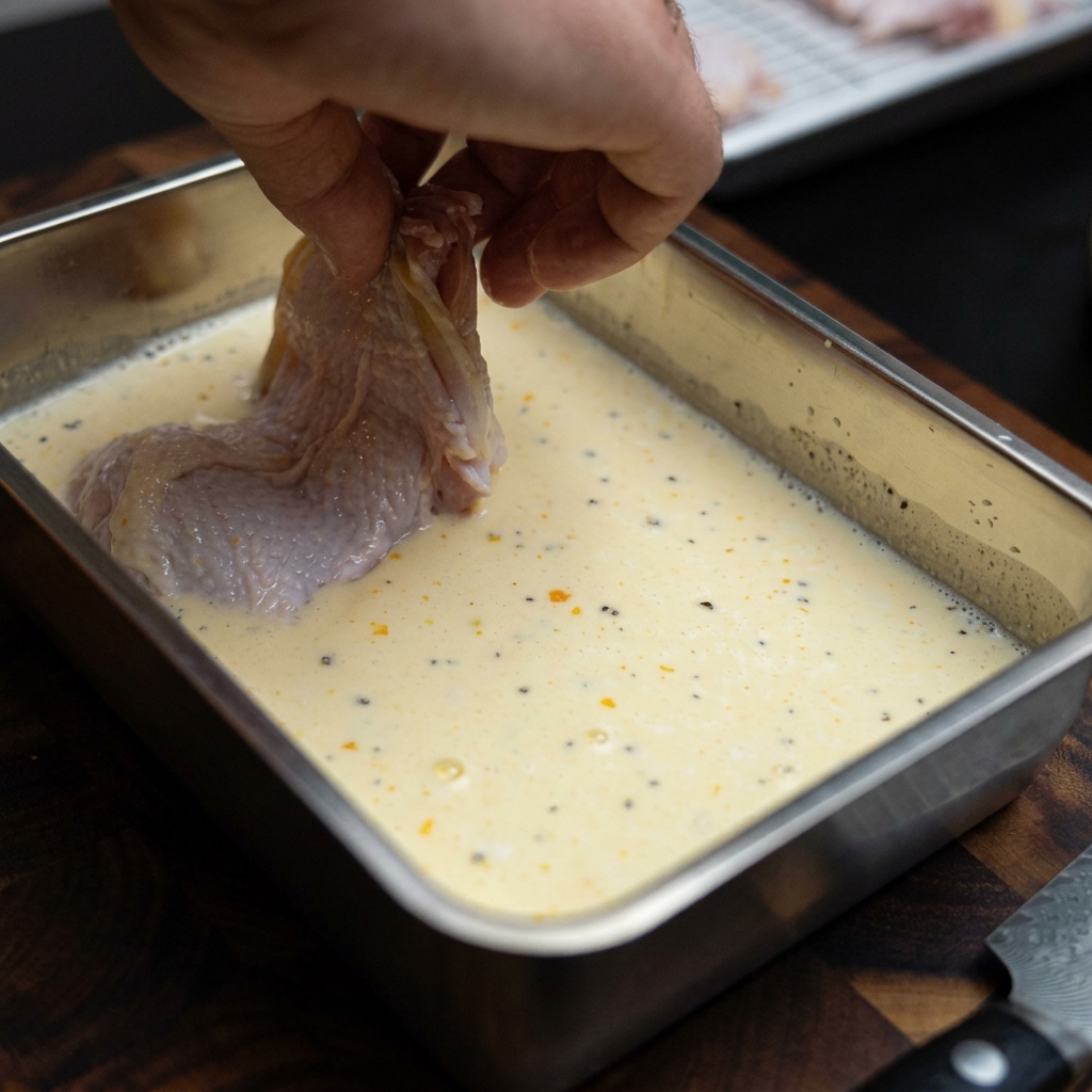 Hähnchenschenkel ohne Knochen, die in einer cremigen Milch-Ei-Marinade in einer Metallschale liegen.