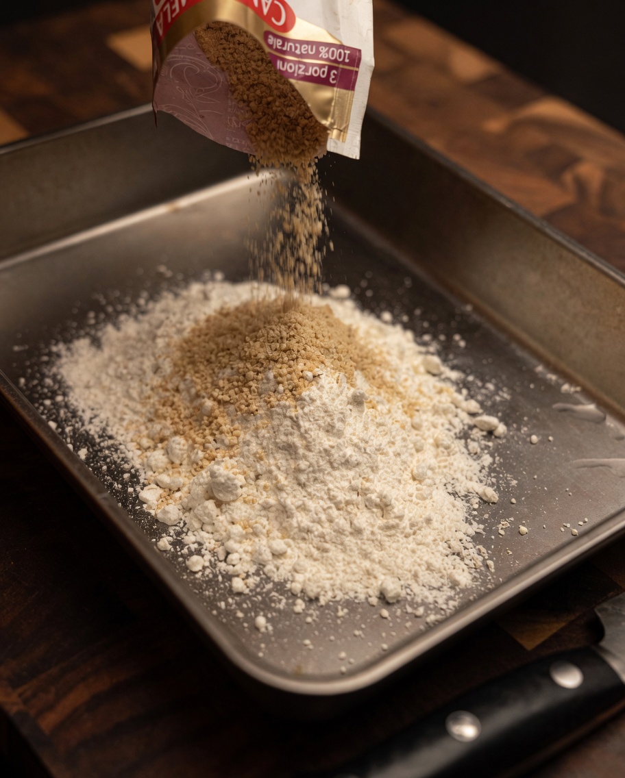 Eine Mischung aus Mehl, Semmelbröseln und Gewürzen in einer Metallschale, über die frischer Parmesan gerieben wird.