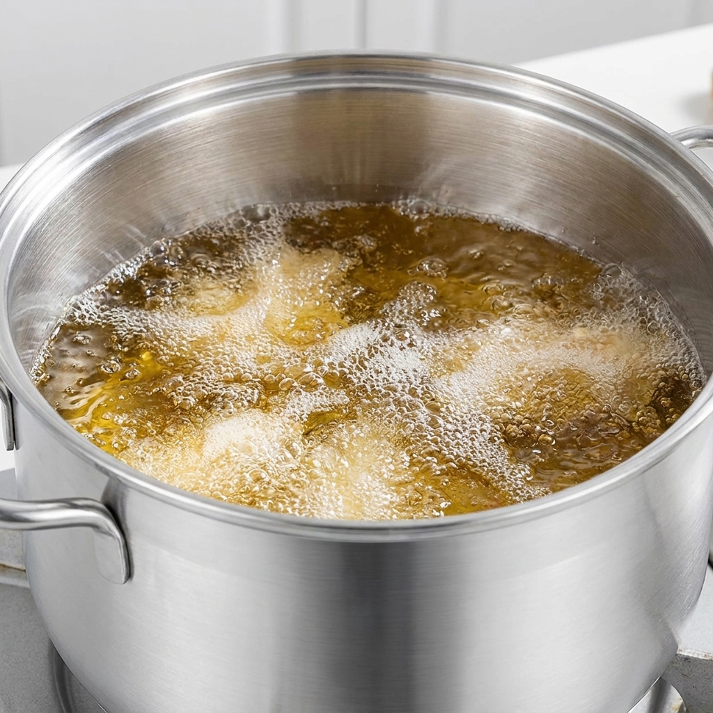 Panierte Hähnchenschenkel, die in heißem Öl frittiert werden und eine sprudelnde, goldbraune Kruste bilden.