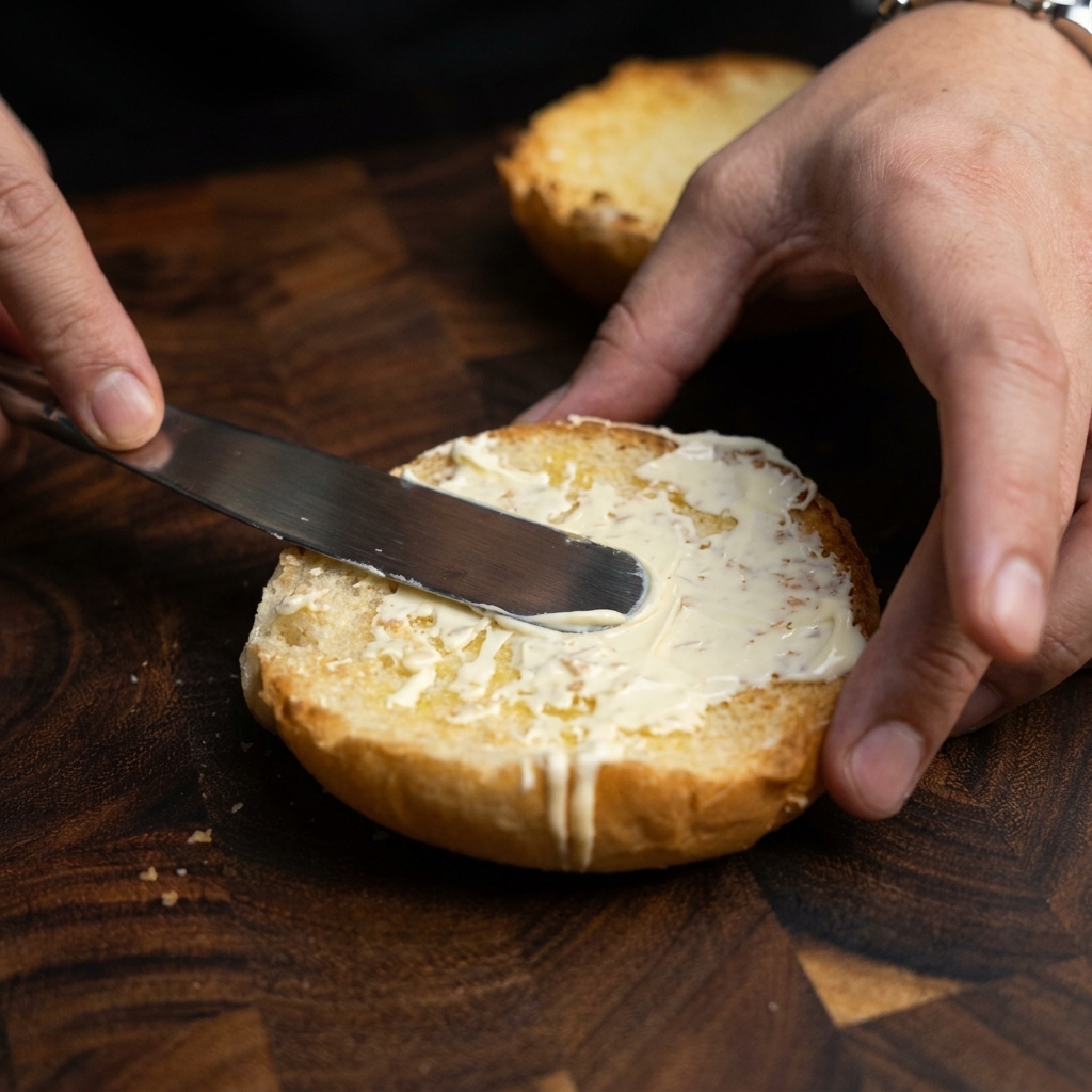 Ein knusprig frittierter Hähnchenschenkel auf einem Brötchen, belegt mit einer Käsescheibe.