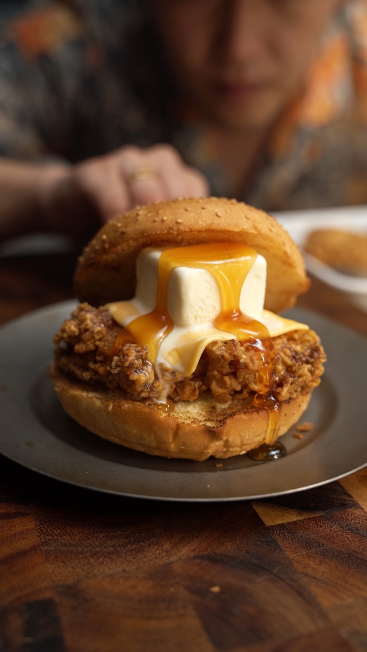 Ein dekadenter Burger mit knusprigem Hähnchen, belegt mit einem Block cremiger Eiscreme, geschmolzenem Käse und Honig auf einem getoasteten Brötchen.