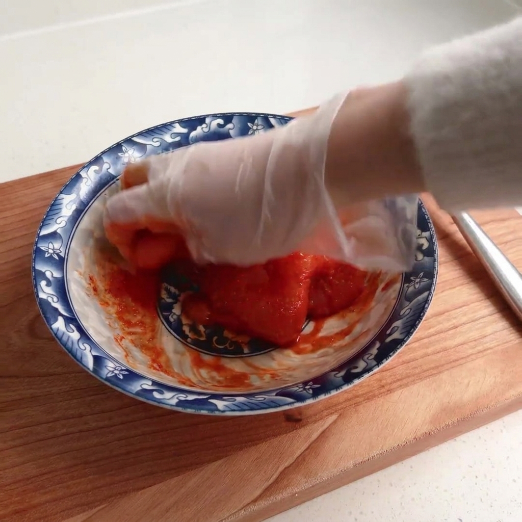 Eine behandschuhte Hand massiert die rote Marinade in das Hähnchenfleisch ein.