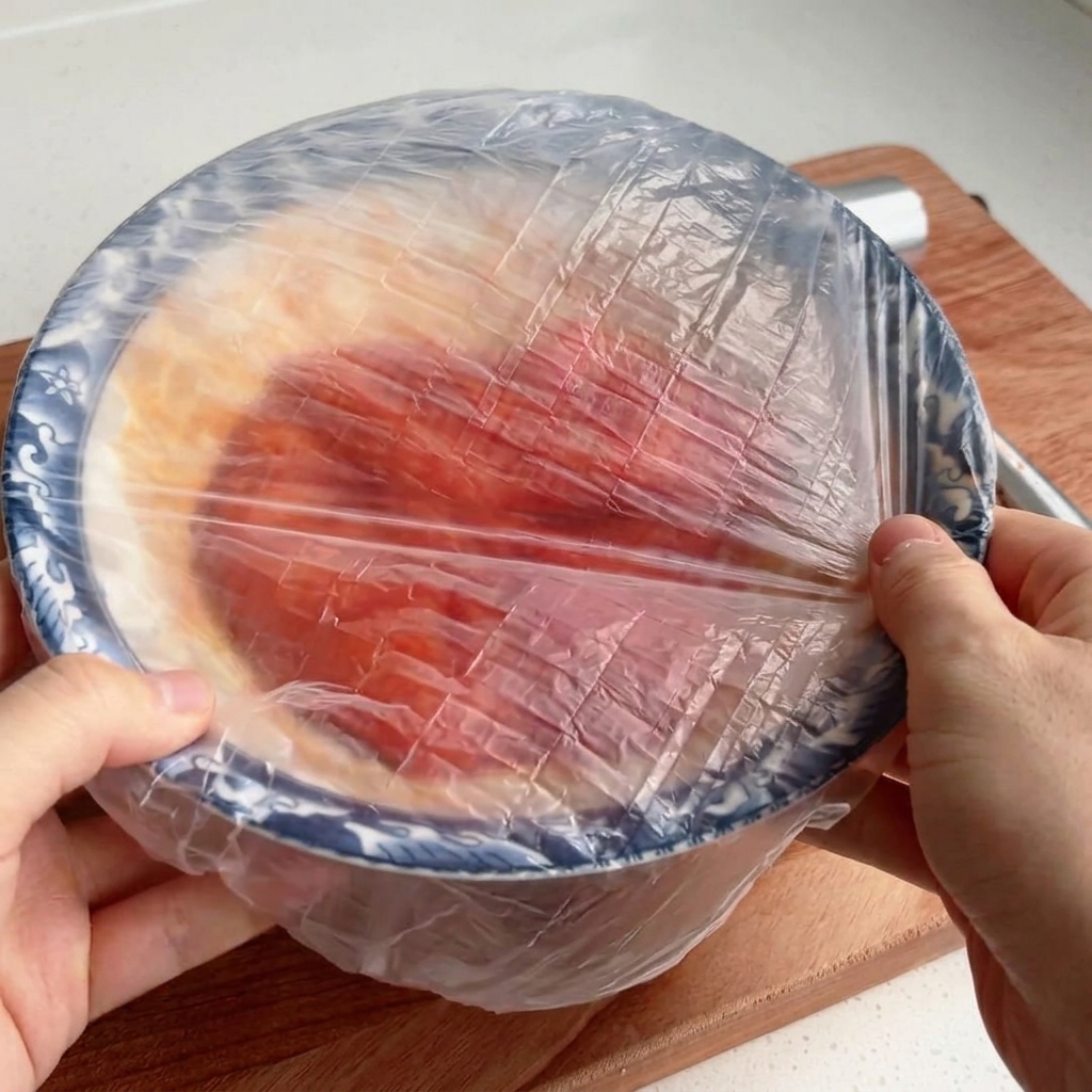 Eine Schüssel mit mariniertem Hähnchen ist mit Frischhaltefolie abgedeckt.