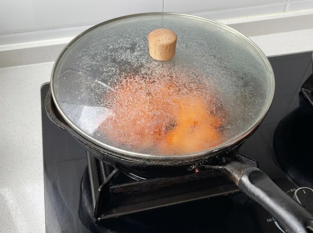 Eine abgedeckte Pfanne mit Hähnchen, das im eigenen Saft schmort.