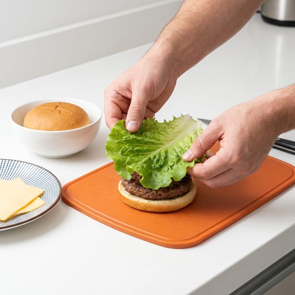 Ein frisches Salatblatt wird auf die untere Hälfte eines getoasteten Burger-Buns gelegt.
