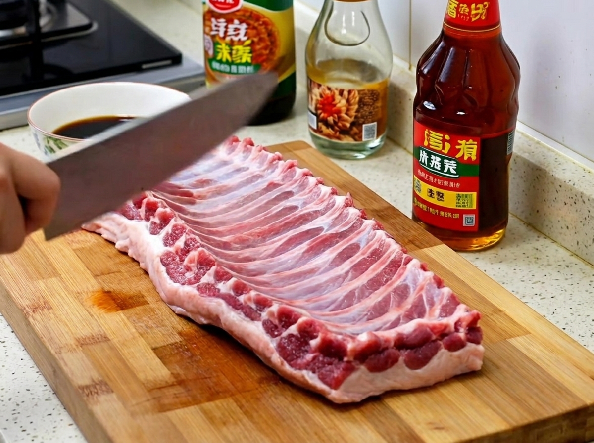Schweinerippchen in einer Edelstahlschüssel, bedeckt mit dunkler, reichhaltiger Sauce, umgeben von Saucenflaschen.