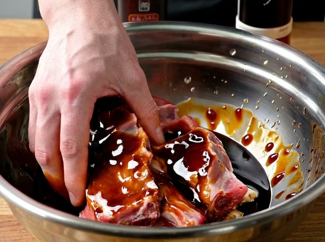 Nahaufnahme von Händen, die Marinade in rohe Schweinerippchen in einer Metallschüssel einmassieren.