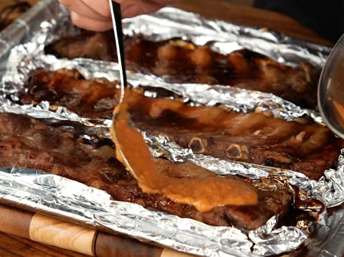 Ein Backpinsel streicht eine dicke, glatte Sauce auf gebackene Schweinerippchen, die auf einem mit Aluminiumfolie ausgelegten Backblech liegen.