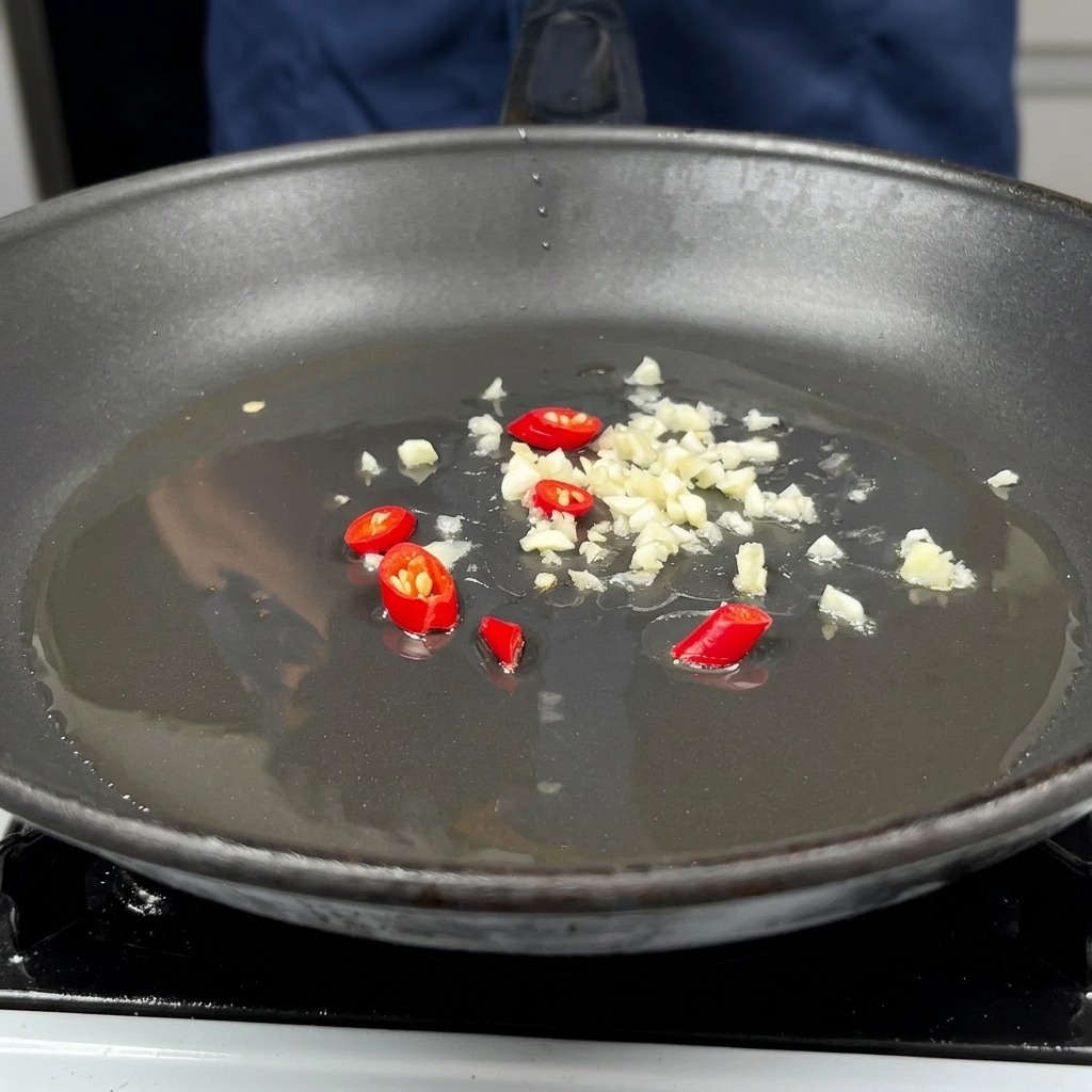 Eine Pfanne mit heißem Öl, in der gehackter Knoblauch, rote Zwiebel und Chilischoten angebraten werden.