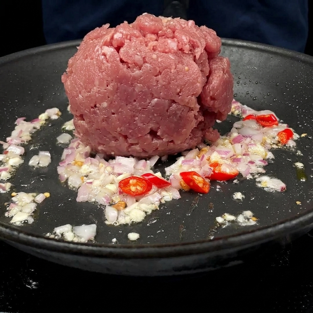 Schweinehackfleisch wird in die Pfanne zu den Gewürzen gegeben.