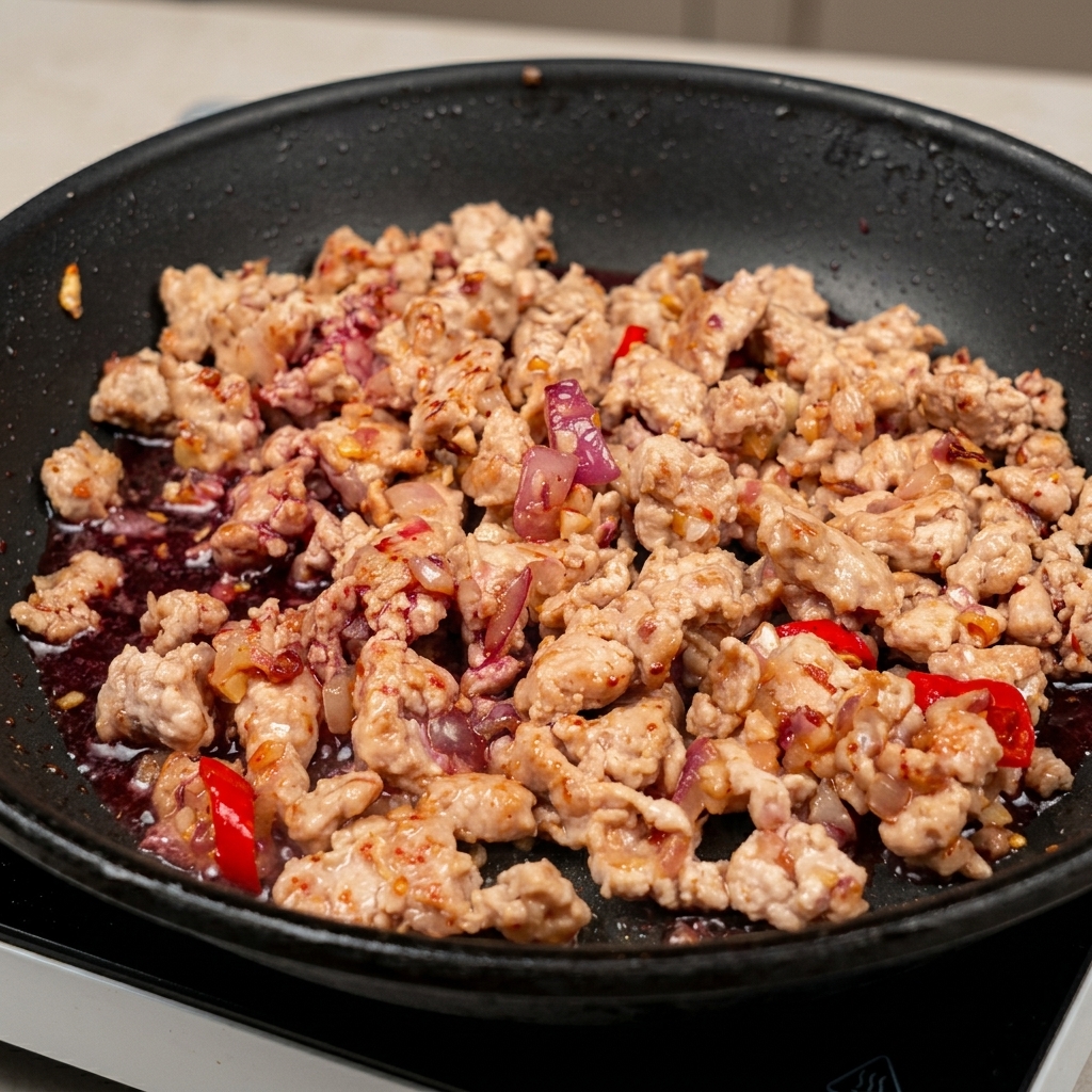 Rotwein wird über das angebratene Hackfleisch in die Pfanne gegossen.
