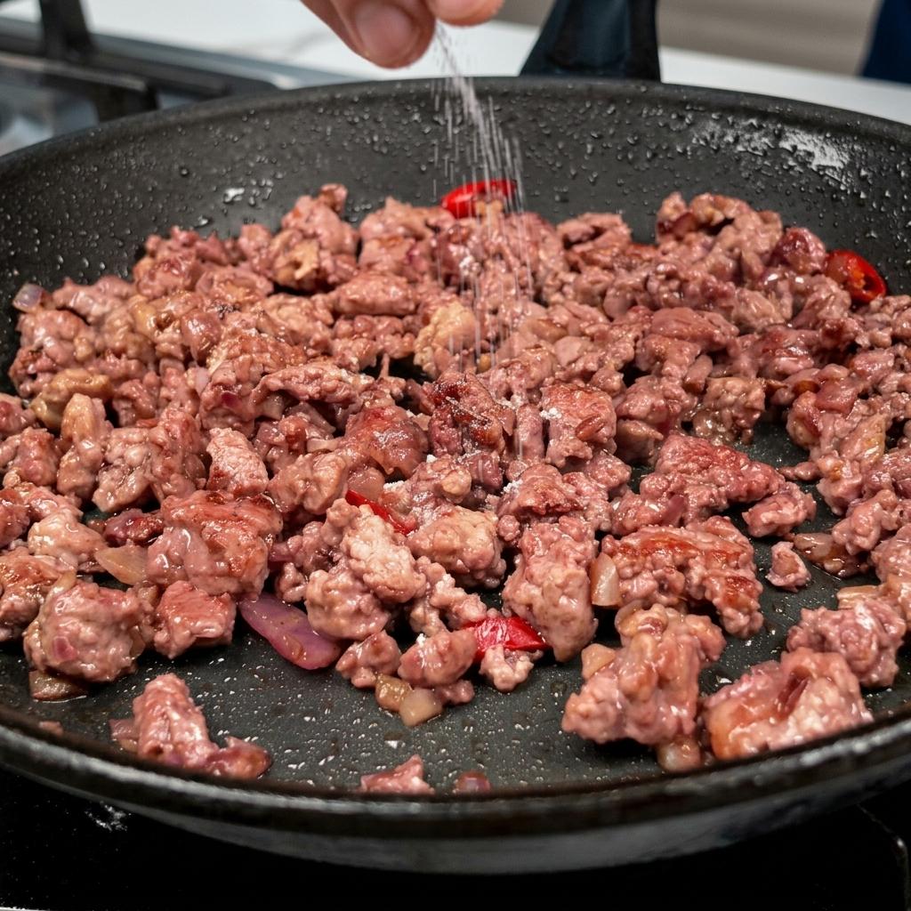 Meersalz und schwarzer Pfeffer werden über das Fleisch in der Pfanne gemahlen.