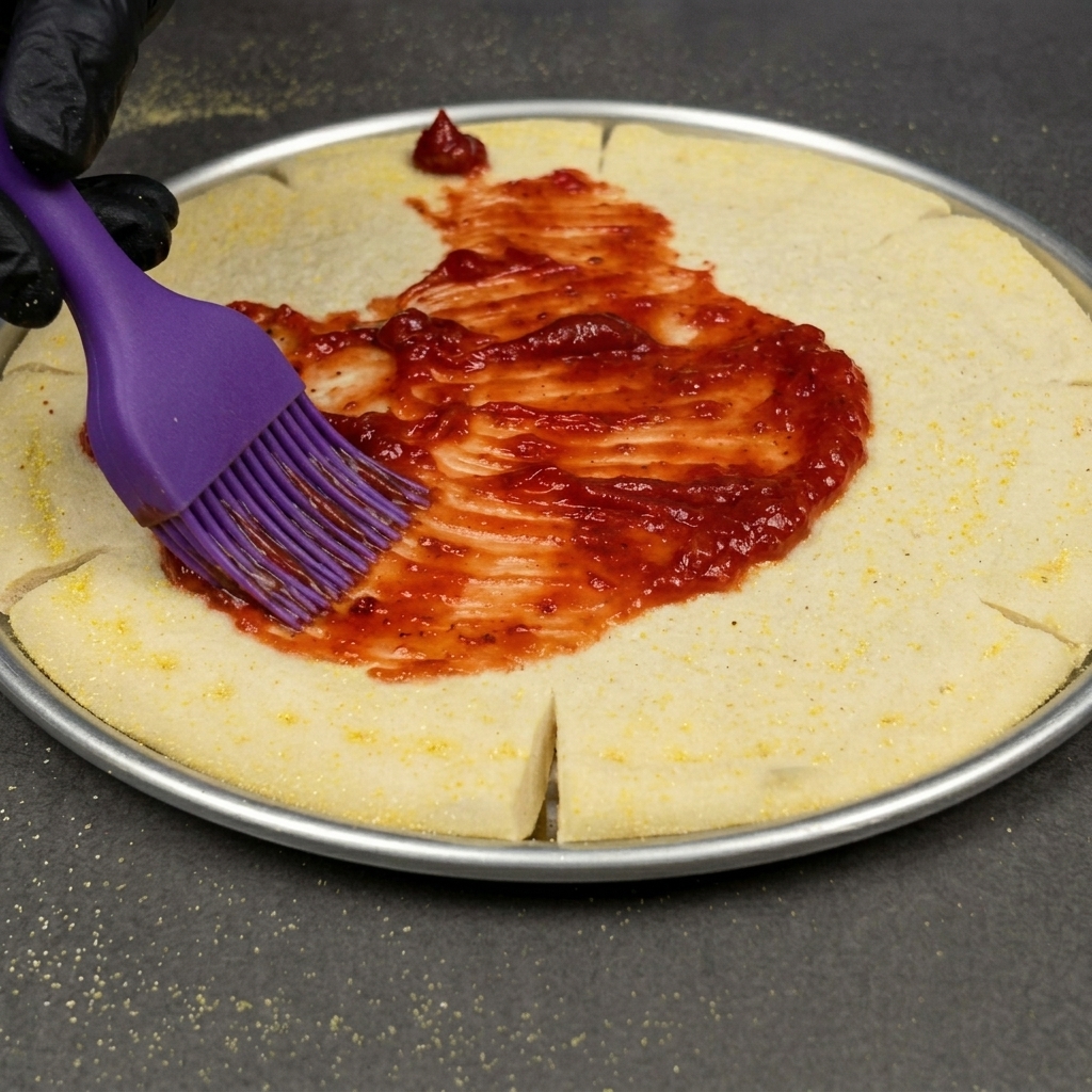 Mit einem Silikonpinsel wird Pizzasoße in die Mitte des Teigkreises gestrichen.