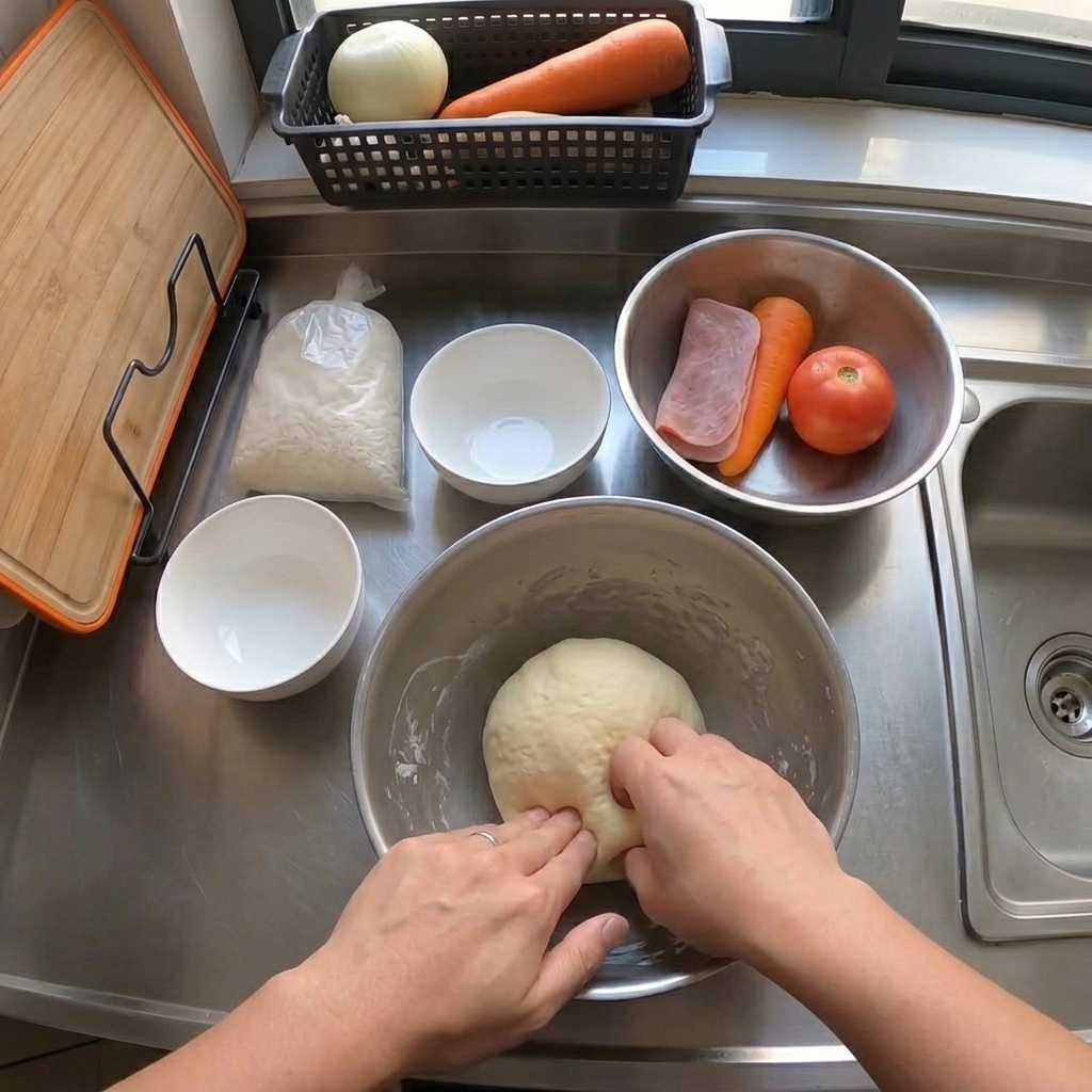 Geriebener Käse und gebratenes Hackfleisch werden in die Mitte des Teigbodens gegeben.