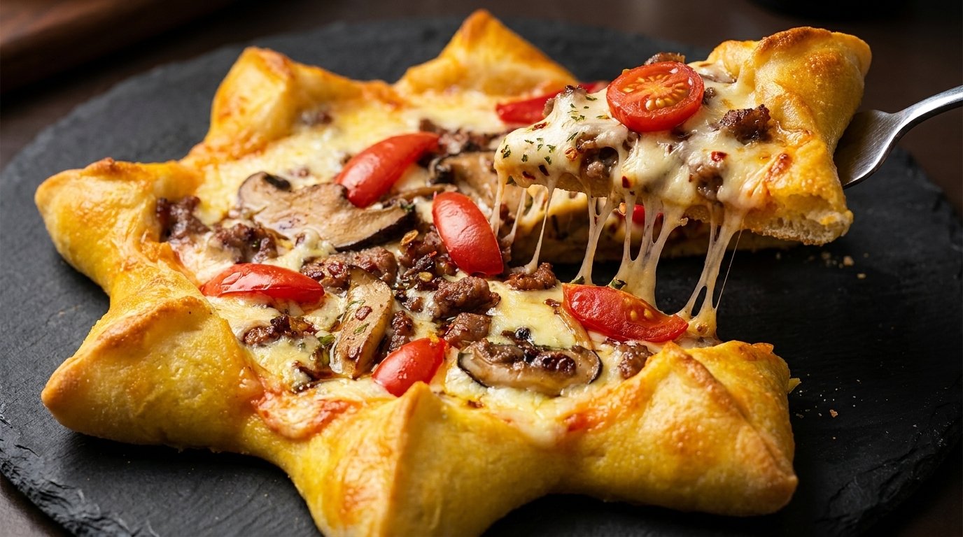Sternförmige Pizza mit würzigem Schweinefleisch