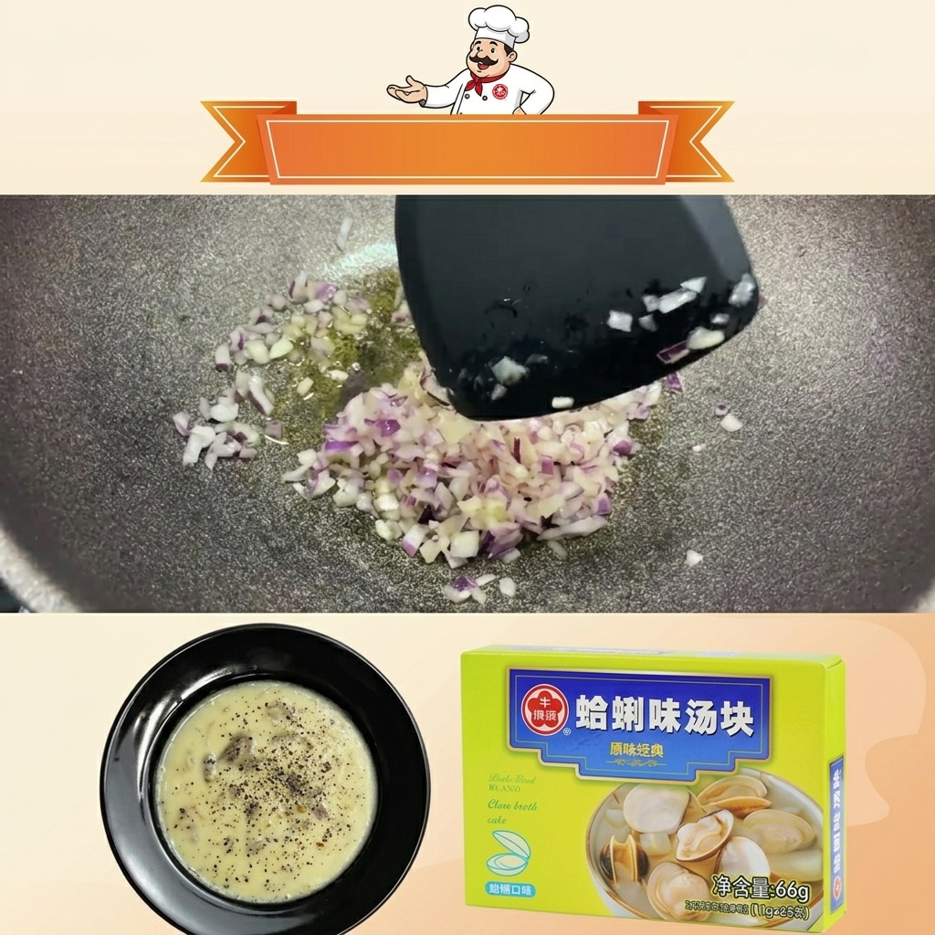 Gewürfelte Karotten werden in die Pfanne zu den Zwiebeln und dem Knoblauch gegeben.