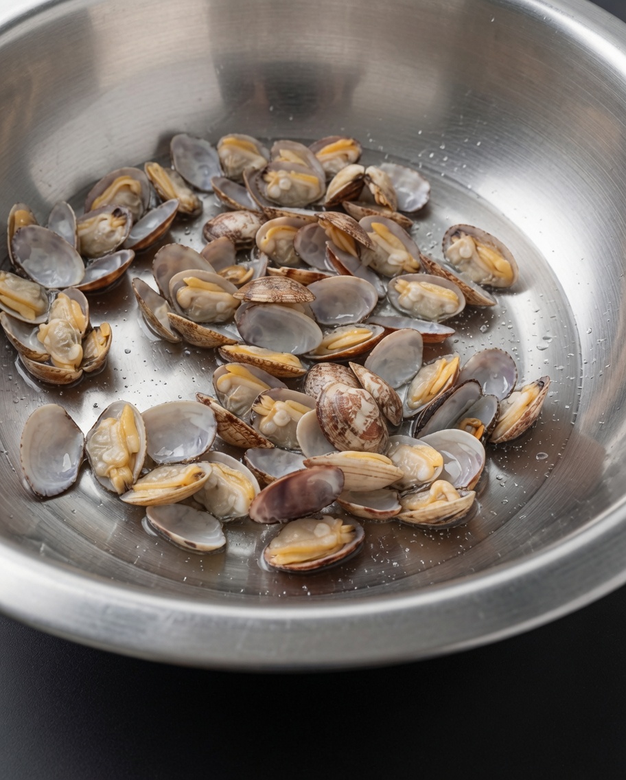Blanchierte Muschelschalen werden unter kaltem Wasser in einer Edelstahlschüssel abgespült.