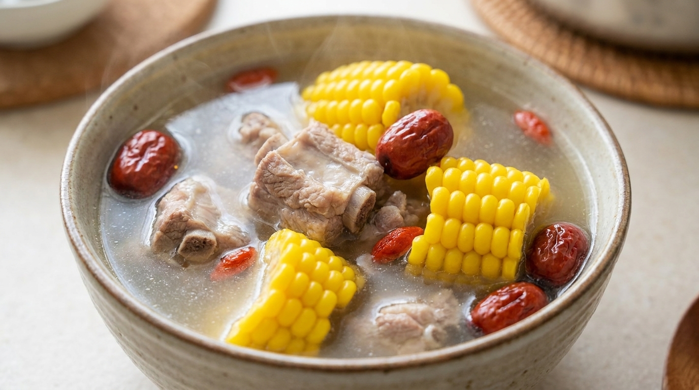 Süße Mais-, Muschel- und Schweinerippchensuppe